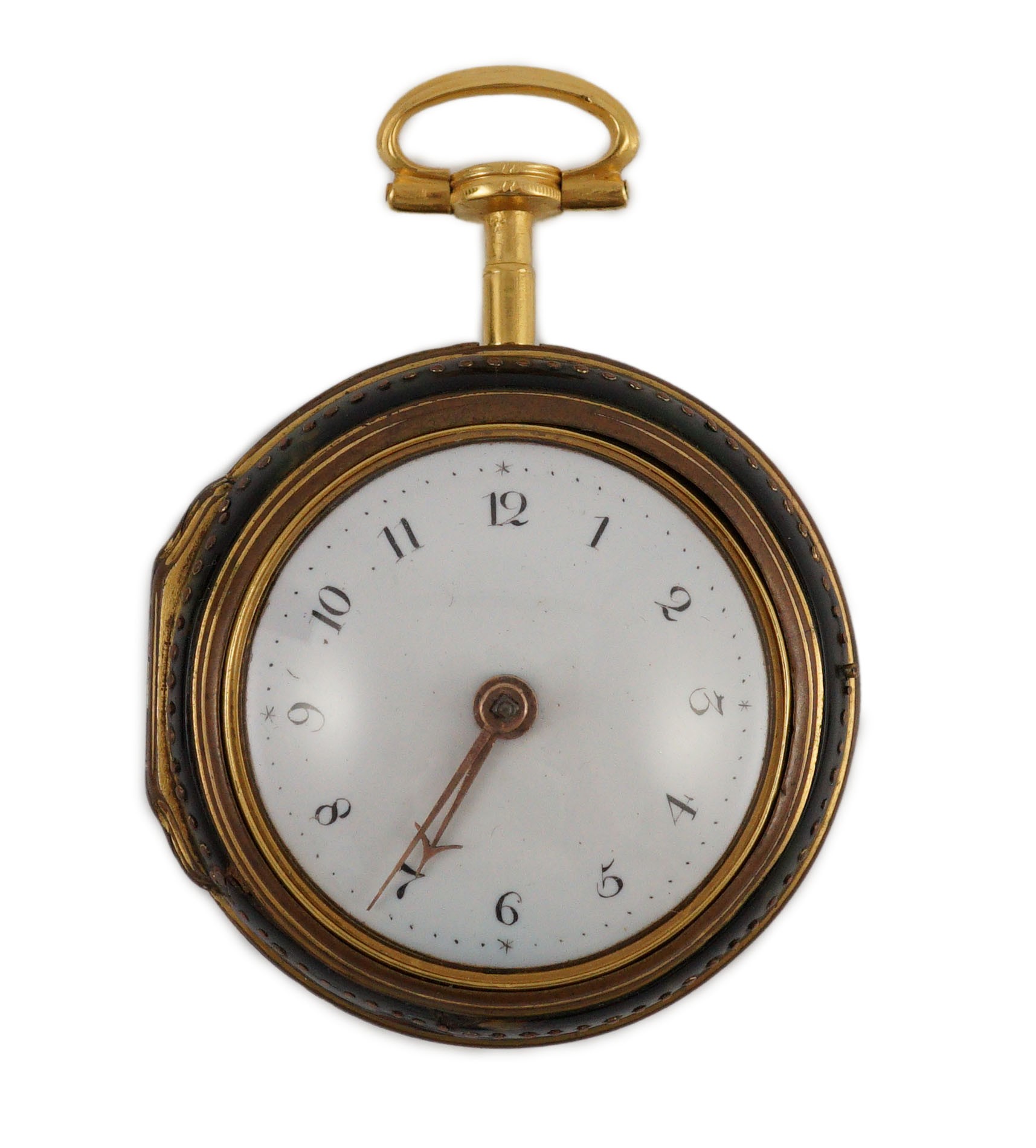 A mid 18th century gilt metal and tortoiseshell pair cased keywind verge pocket watch by Catlin, London